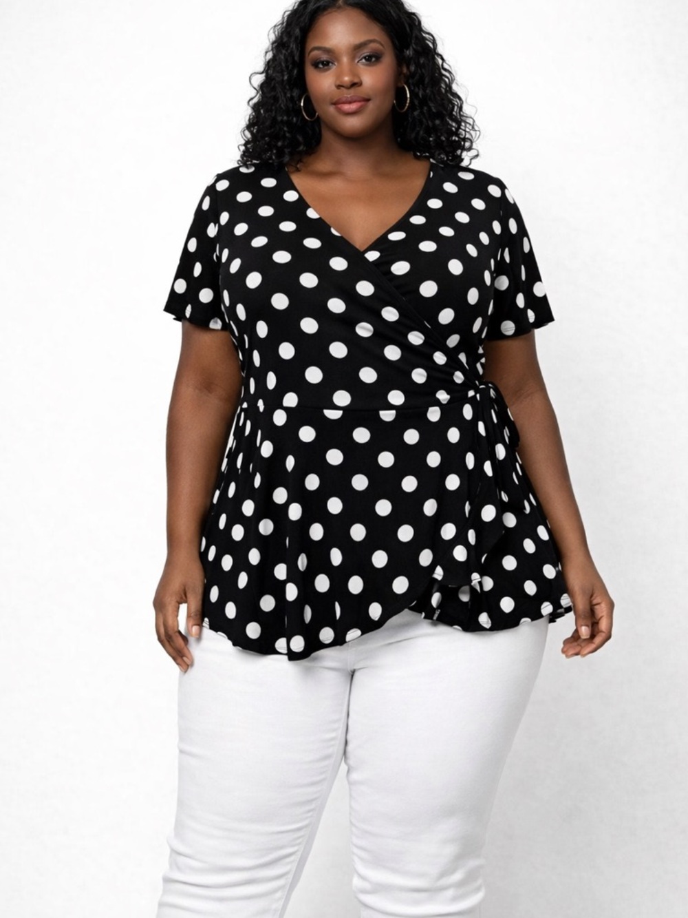 Stunning Black and White Polka Dot V-Neck Wrapped Women's Blouse for Sale